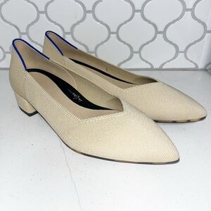 Rothy's Beige Pointed-Toe Low Block Heel Pumps with Blue Trim